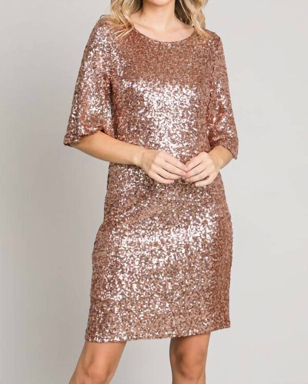 NEW ALLIE ROSE open sleeve sequin mini dress in rose gold